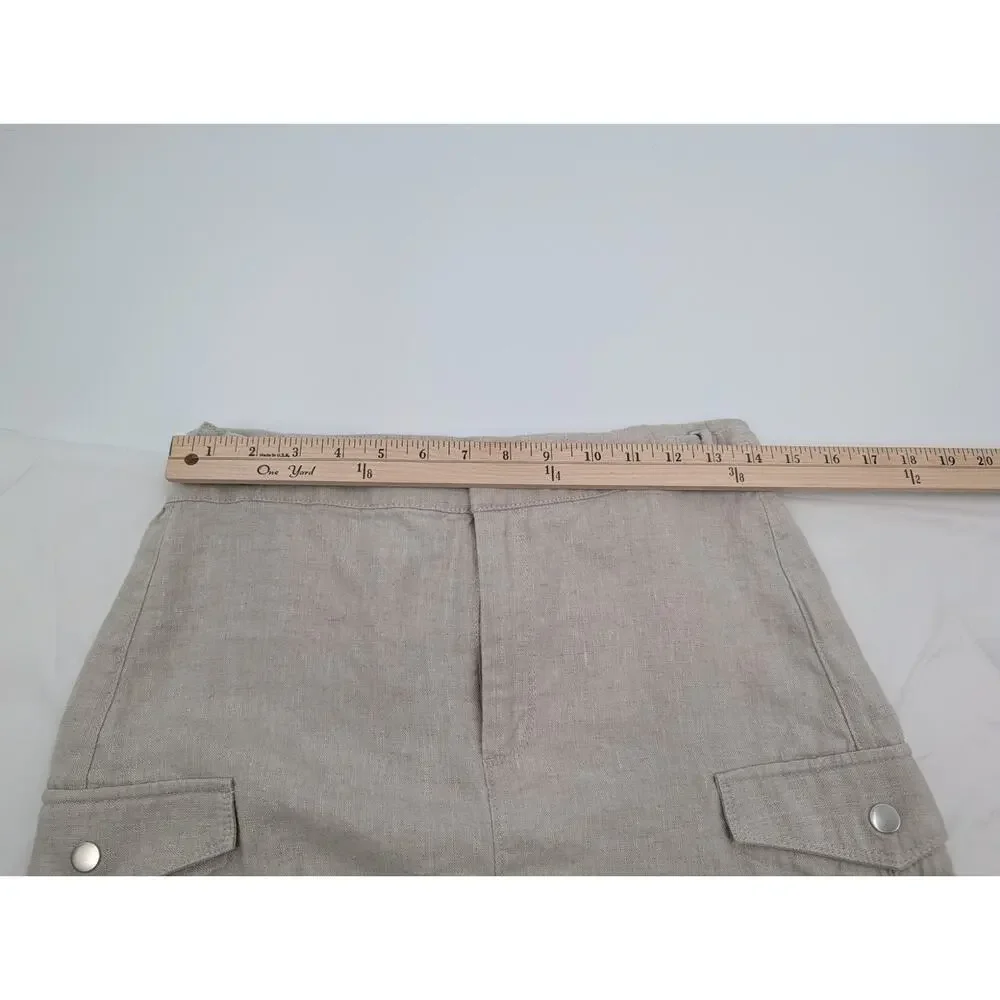 Athleta Voyager Size 6 Tan 100% Linen Zip Up Mini Skirt Adjustable Snap Pockets